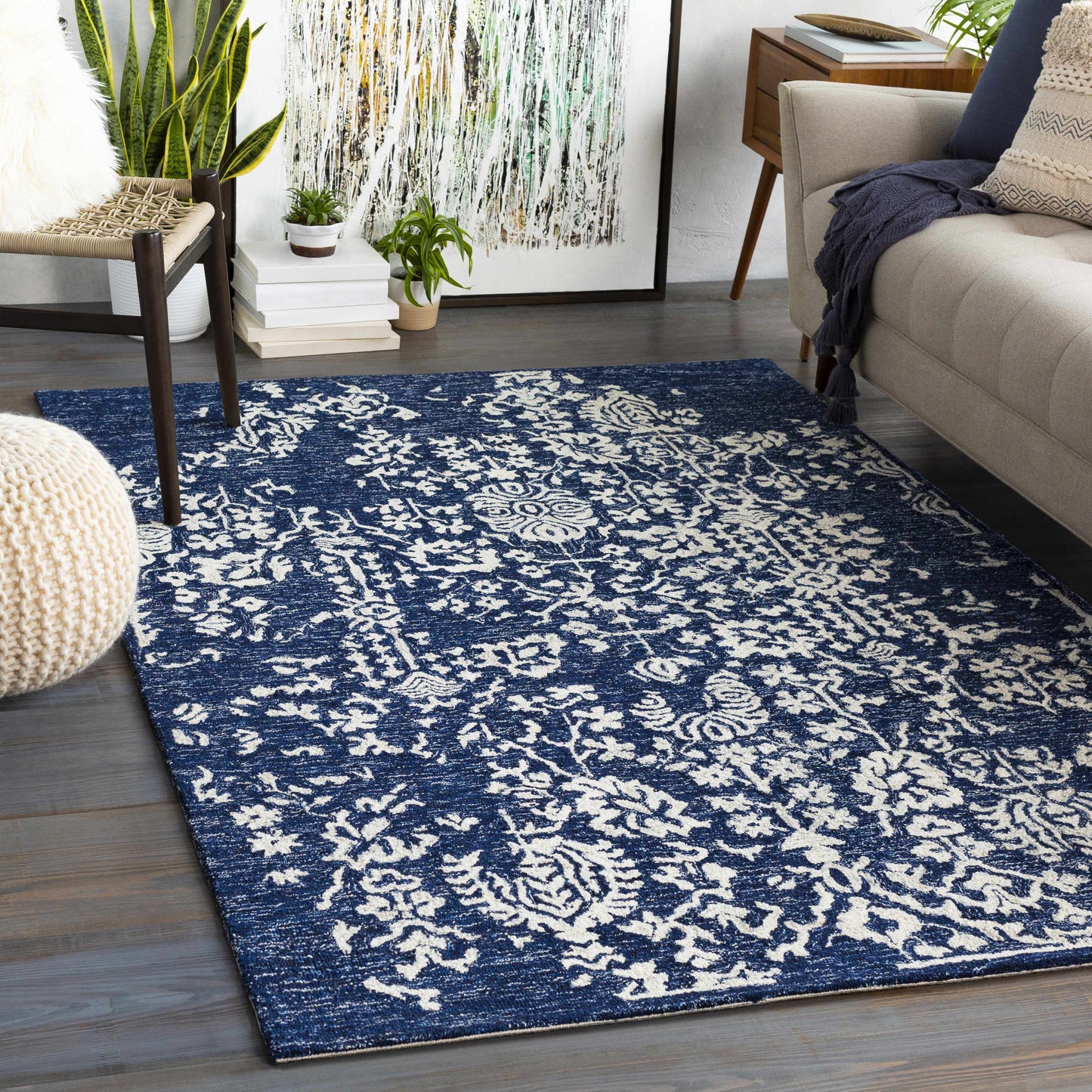 Navy Blue Patterned Wool Area Carpet - Boutique Rugs