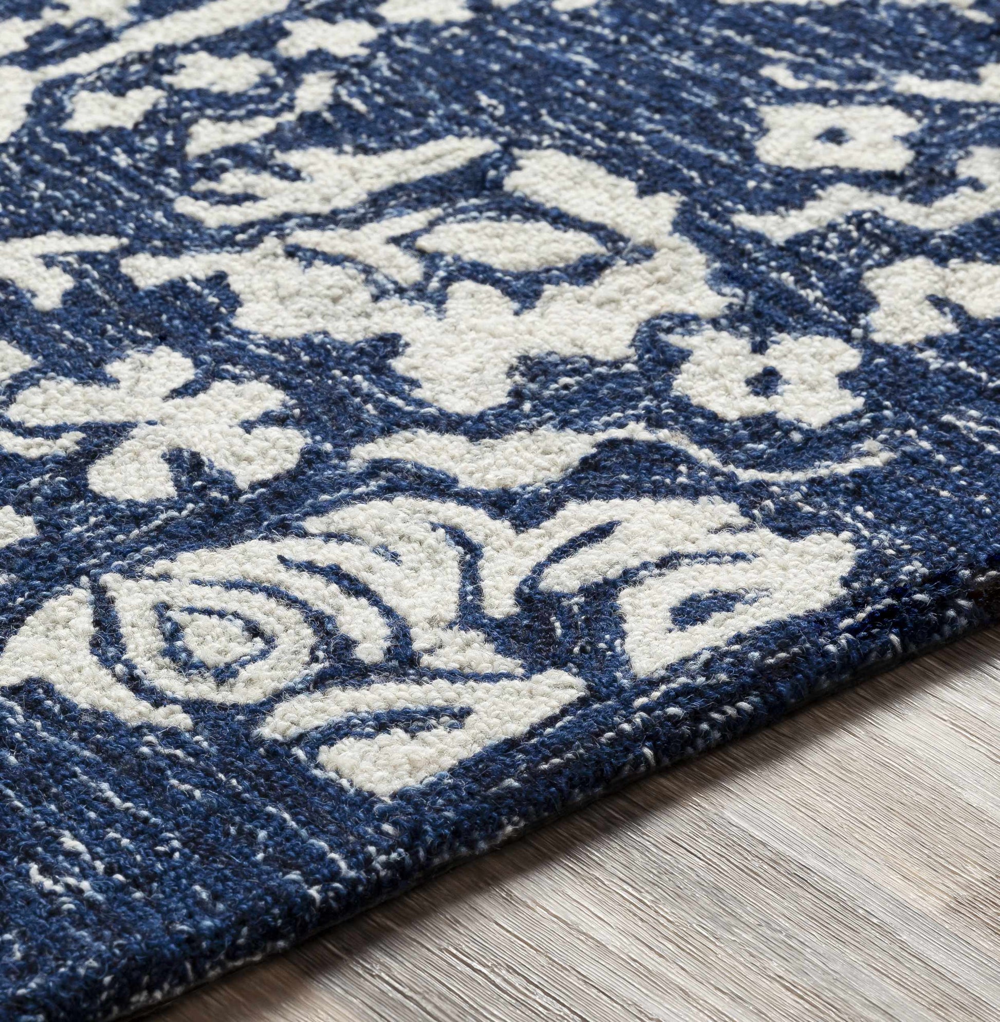 Navy Blue Patterned Wool Area Carpet - Boutique Rugs