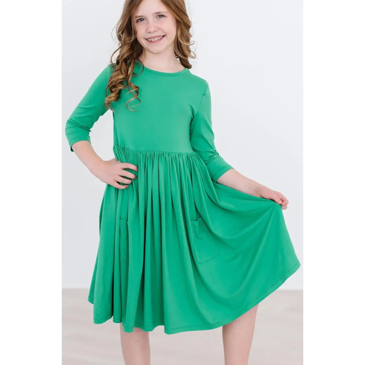 Pocket Twirl Dress - Kelly Green 3/4 Sleeve - Mila & Rose ®