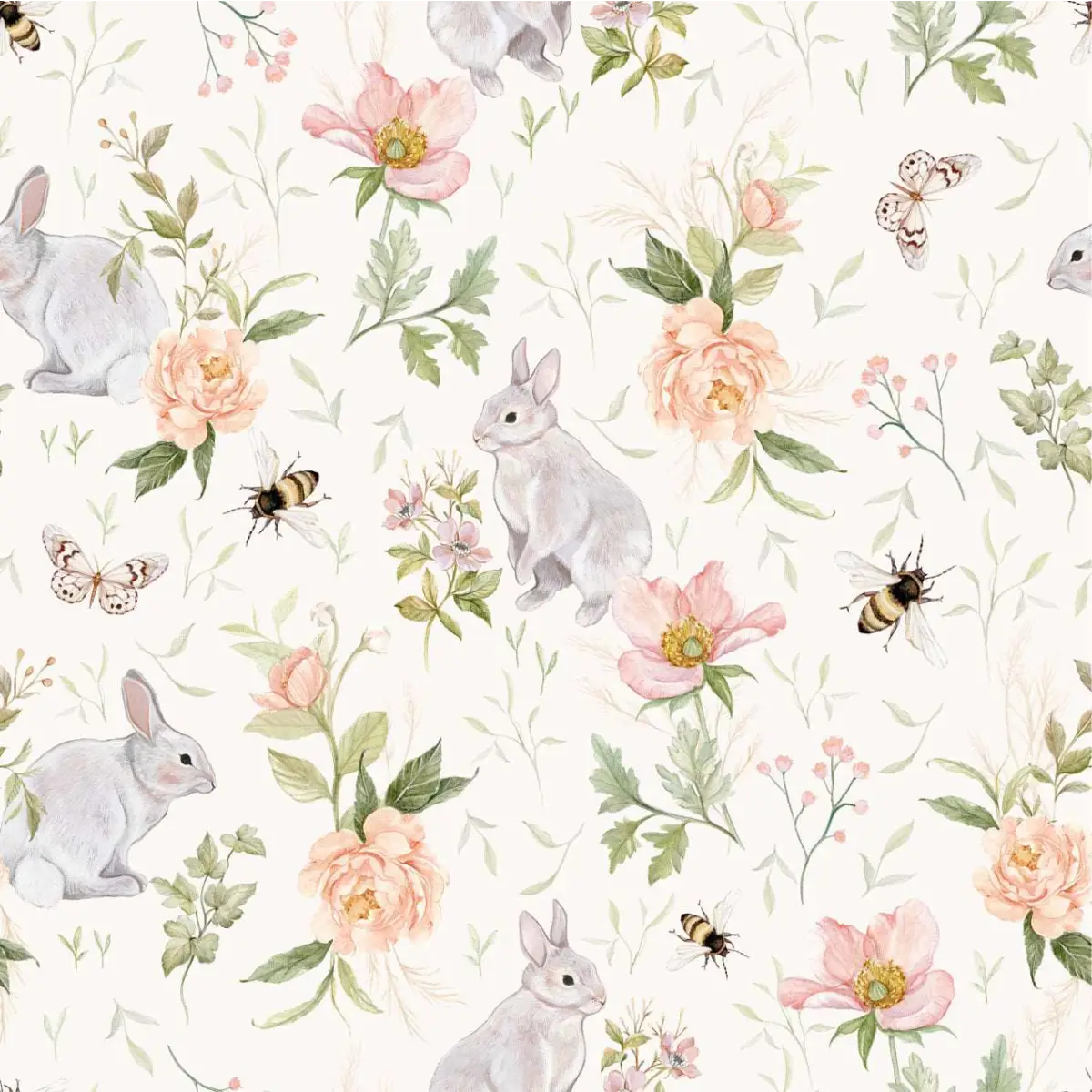 Posey Wallpaper - Bunnies Bees Flowers - by Clara McAllister - Sample 1 foot by 1 foot - Loomwell Home Goods
