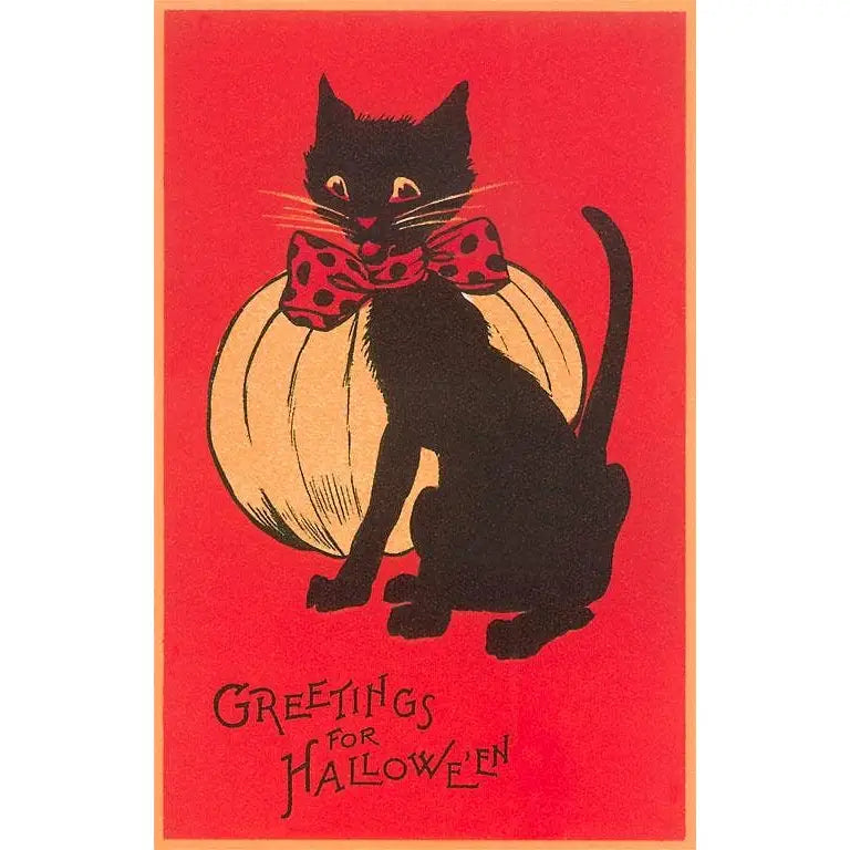Vintage Halloween Postcard - Cat and Pumpkin - Found Image Press