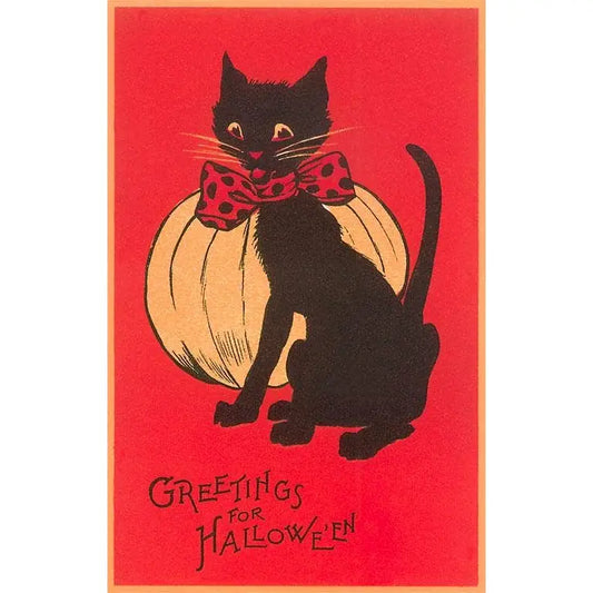 Vintage Halloween Postcard - Cat and Pumpkin - Found Image Press