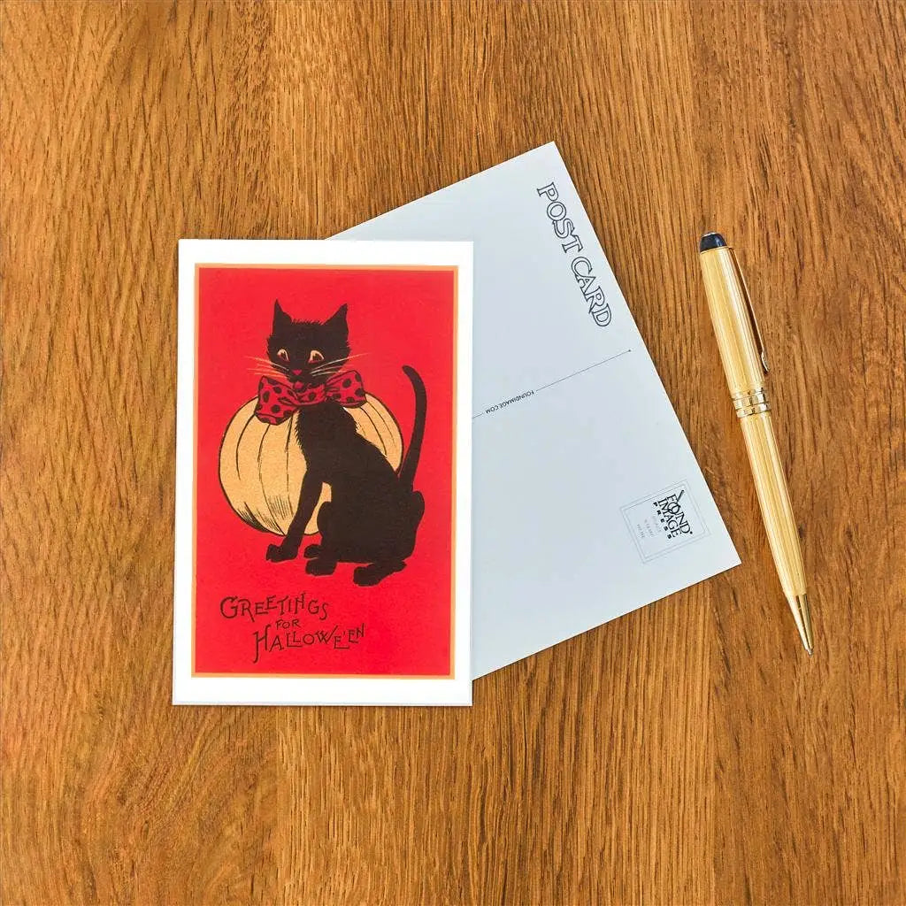 Vintage Halloween Postcard - Cat and Pumpkin - Found Image Press