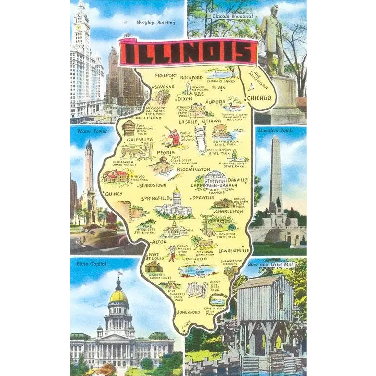 Postcard - Map of Illinois Attractions - Found Image Press