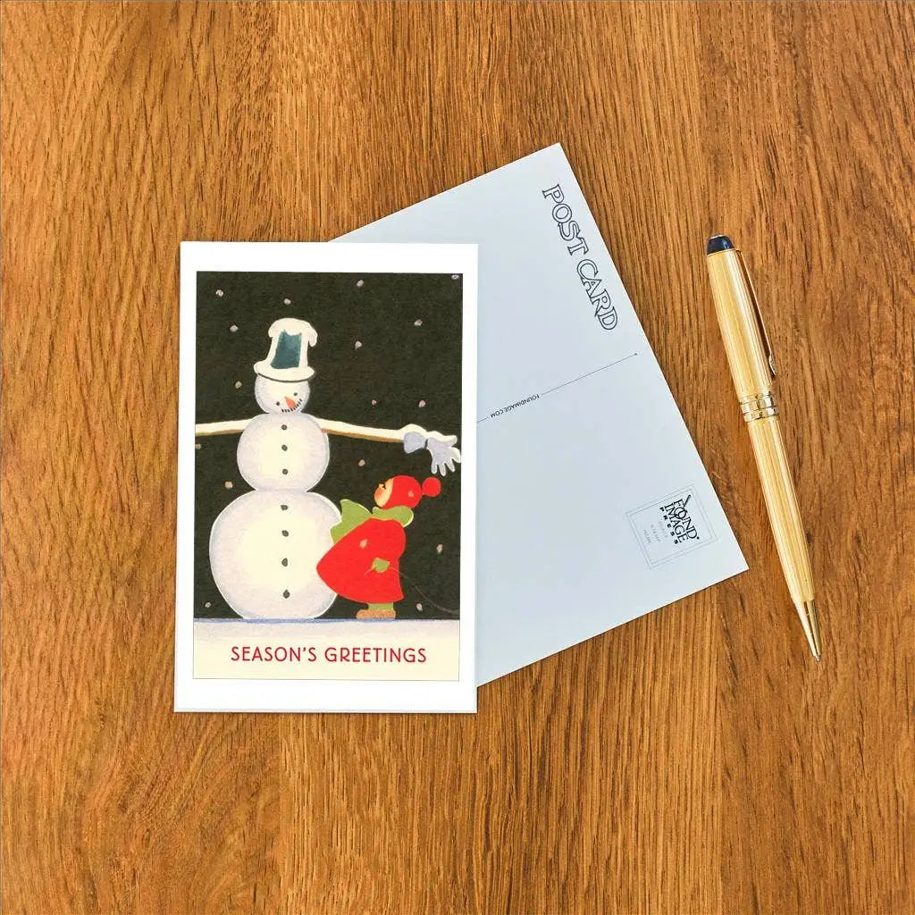 Vintage Christmas Postcard - Girl with Snowman - Found Image Press