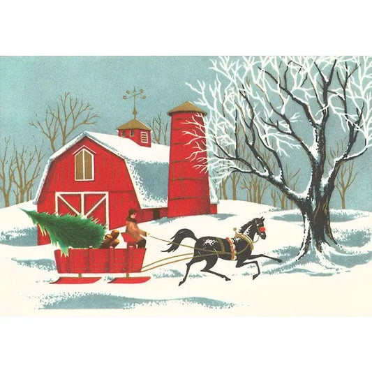 Vintage Christmas Postcard - Barn and Sleigh - Found Image Press