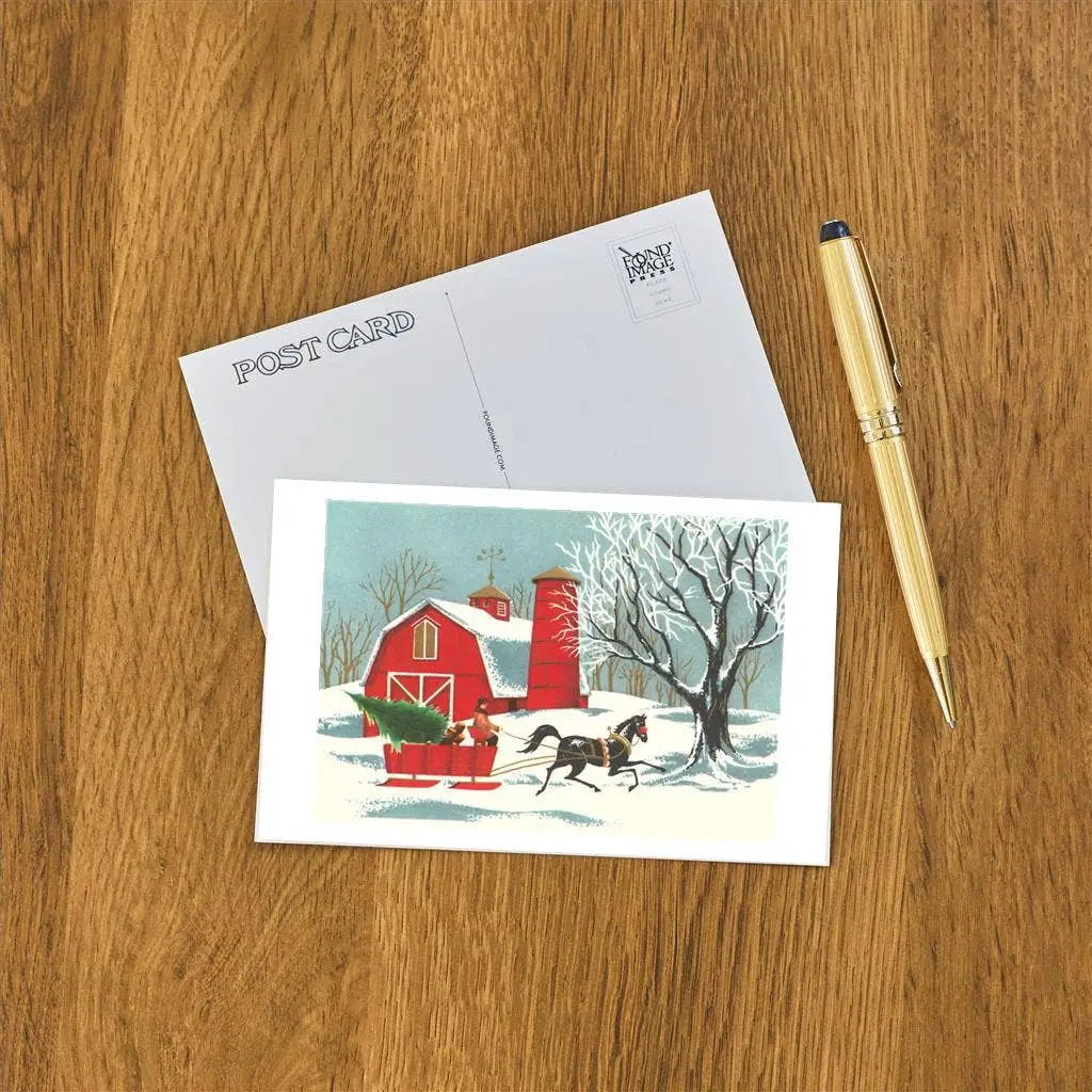 Vintage Christmas Postcard - Barn and Sleigh - Found Image Press