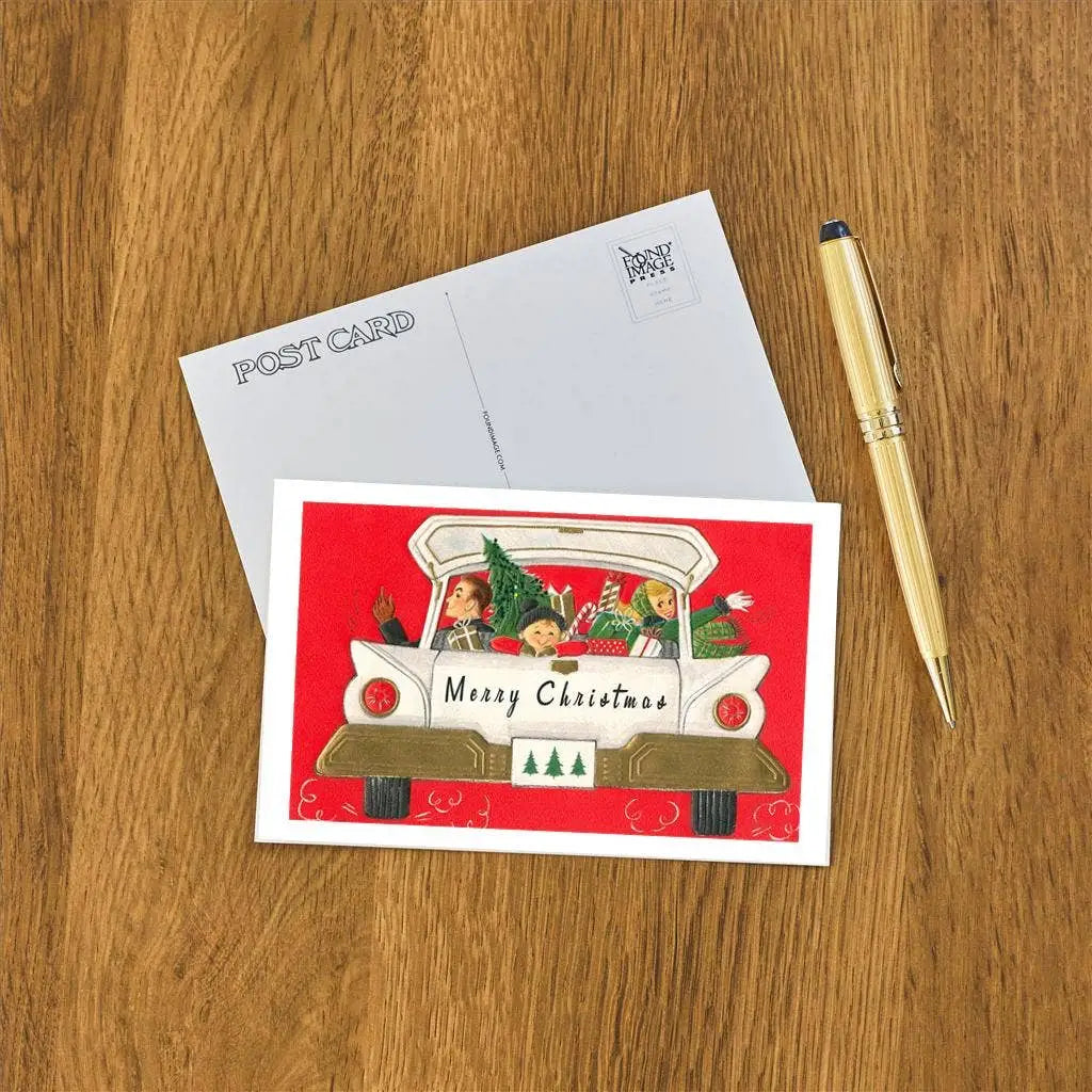 Vintage Christmas Postcard - Retro Family in Station Wagon - Found Image Press