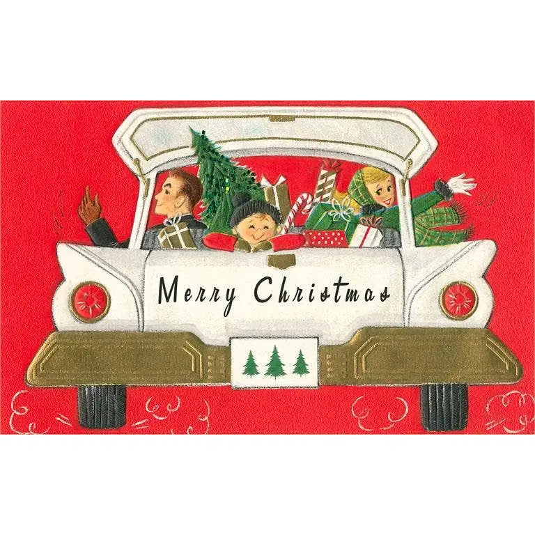 Vintage Christmas Postcard - Retro Family in Station Wagon - Found Image Press