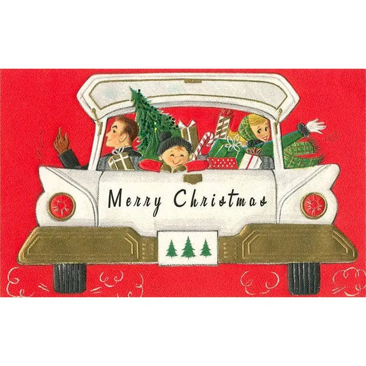 Vintage Christmas Postcard - Retro Family in Station Wagon - Found Image Press