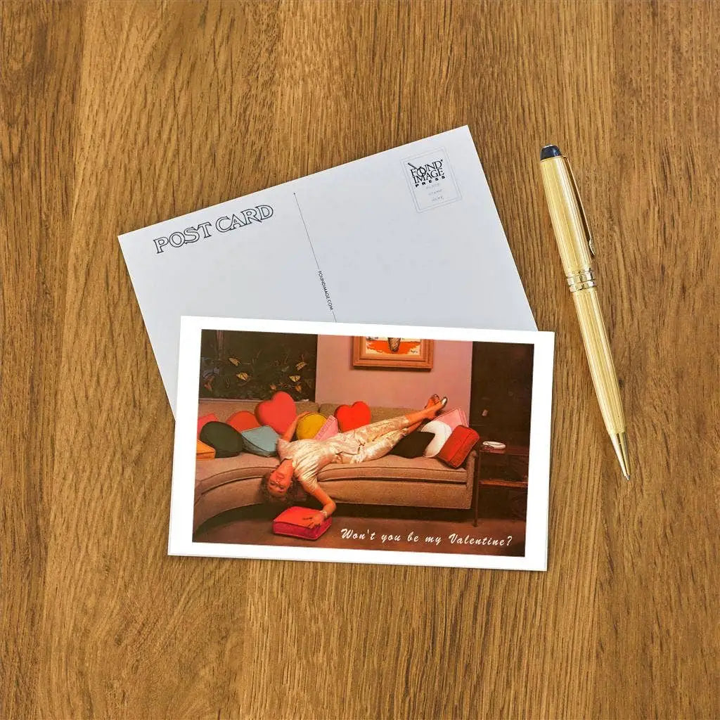 Retro Postcard - Wont You Be My Valentine - Woman on Mid Century Couch - Found Image Press