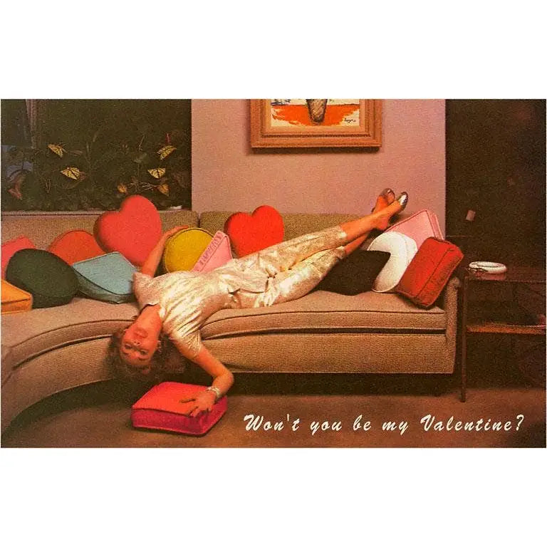 Retro Postcard - Wont You Be My Valentine - Woman on Mid Century Couch - Found Image Press