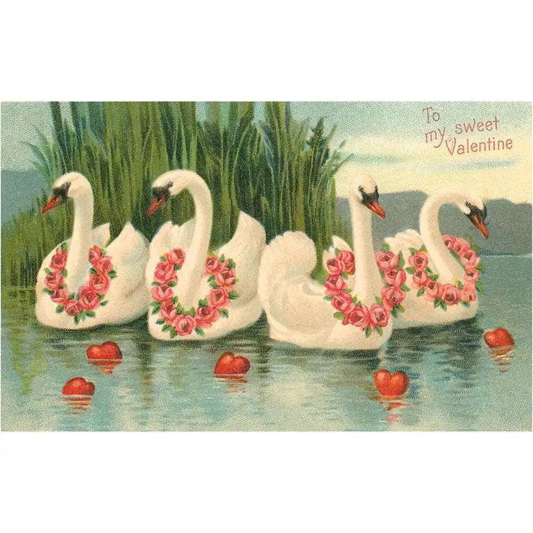 Vintage Postcard - To My Sweet Valentine - Swans with Roses - Found Image Press