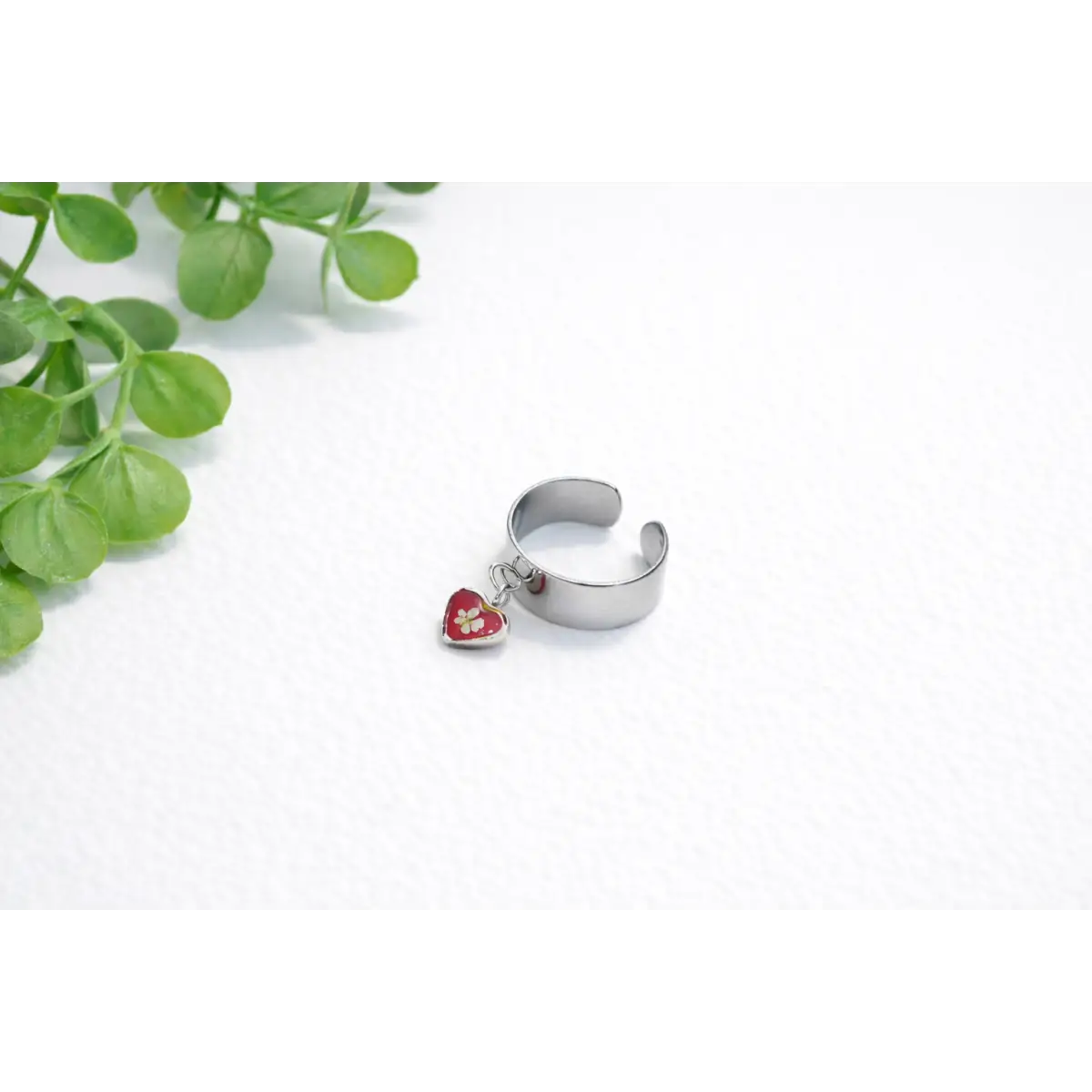 Cuff Charm Ring - Red Heart with Pressed Flower - Red - My Beverly Jewelry