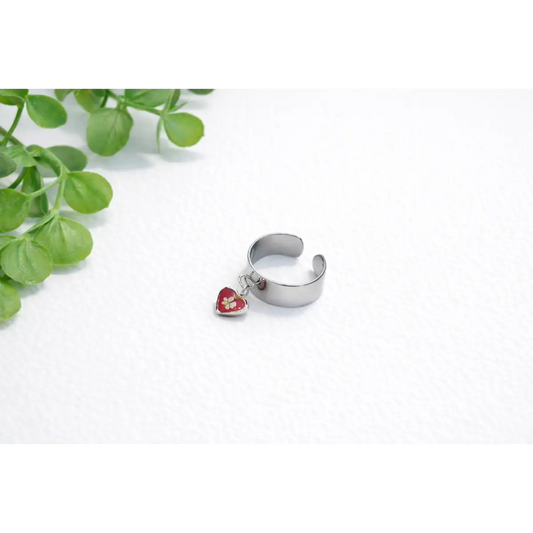 Cuff Charm Ring - Red Heart with Pressed Flower - Red - My Beverly Jewelry