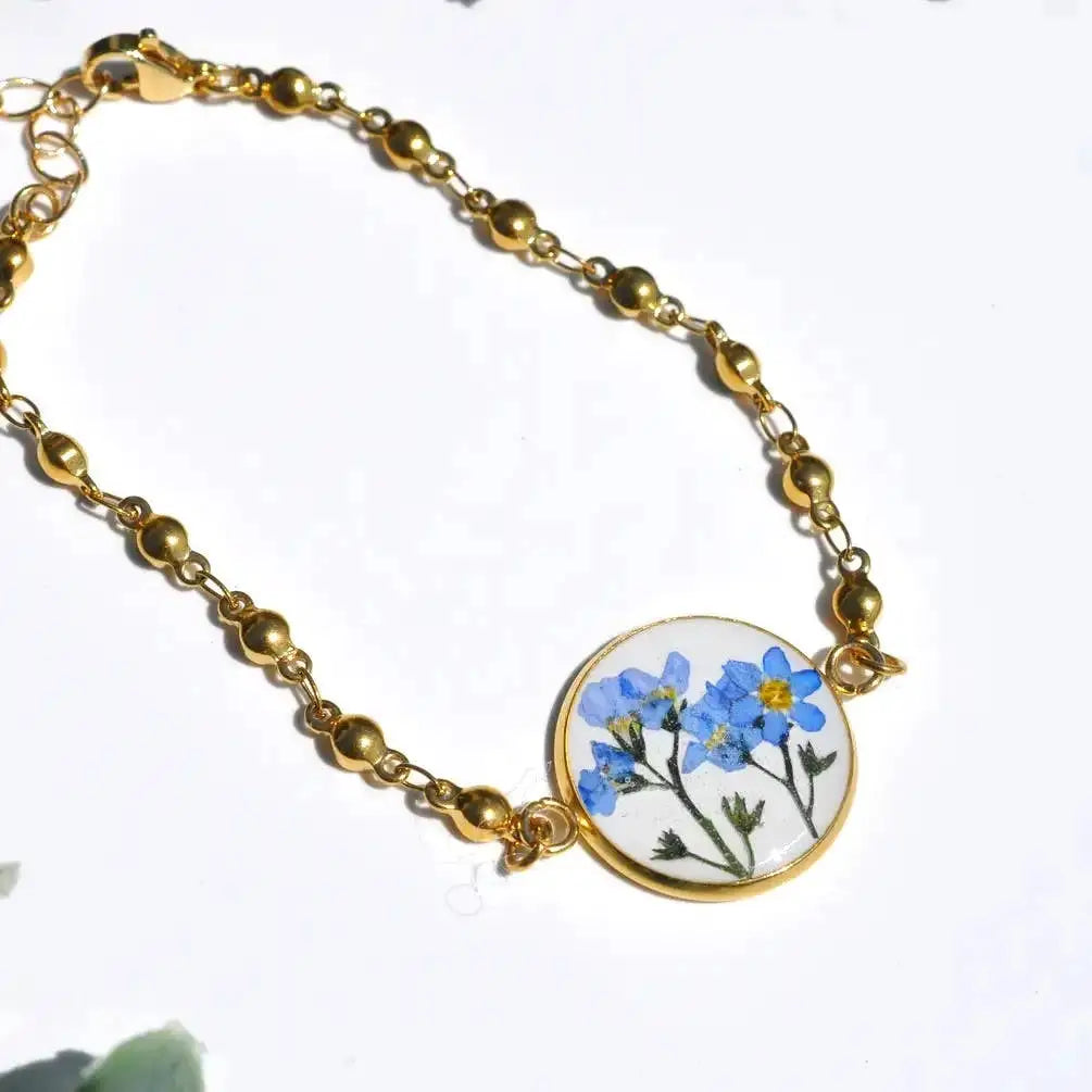 Gold Bracelet - Pressed Flower - Forget - White - My Beverly Jewelry