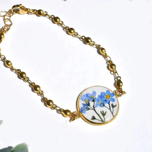 Gold Bracelet - Pressed Flower - Forget - White - My Beverly Jewelry