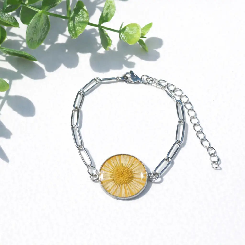 Pressed Flower Bracelet - Fleabane with Paperclip Chain - Yellow - My Beverly Jewelry