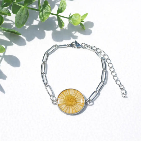 Pressed Flower Bracelet - Fleabane with Paperclip Chain - Yellow - My Beverly Jewelry