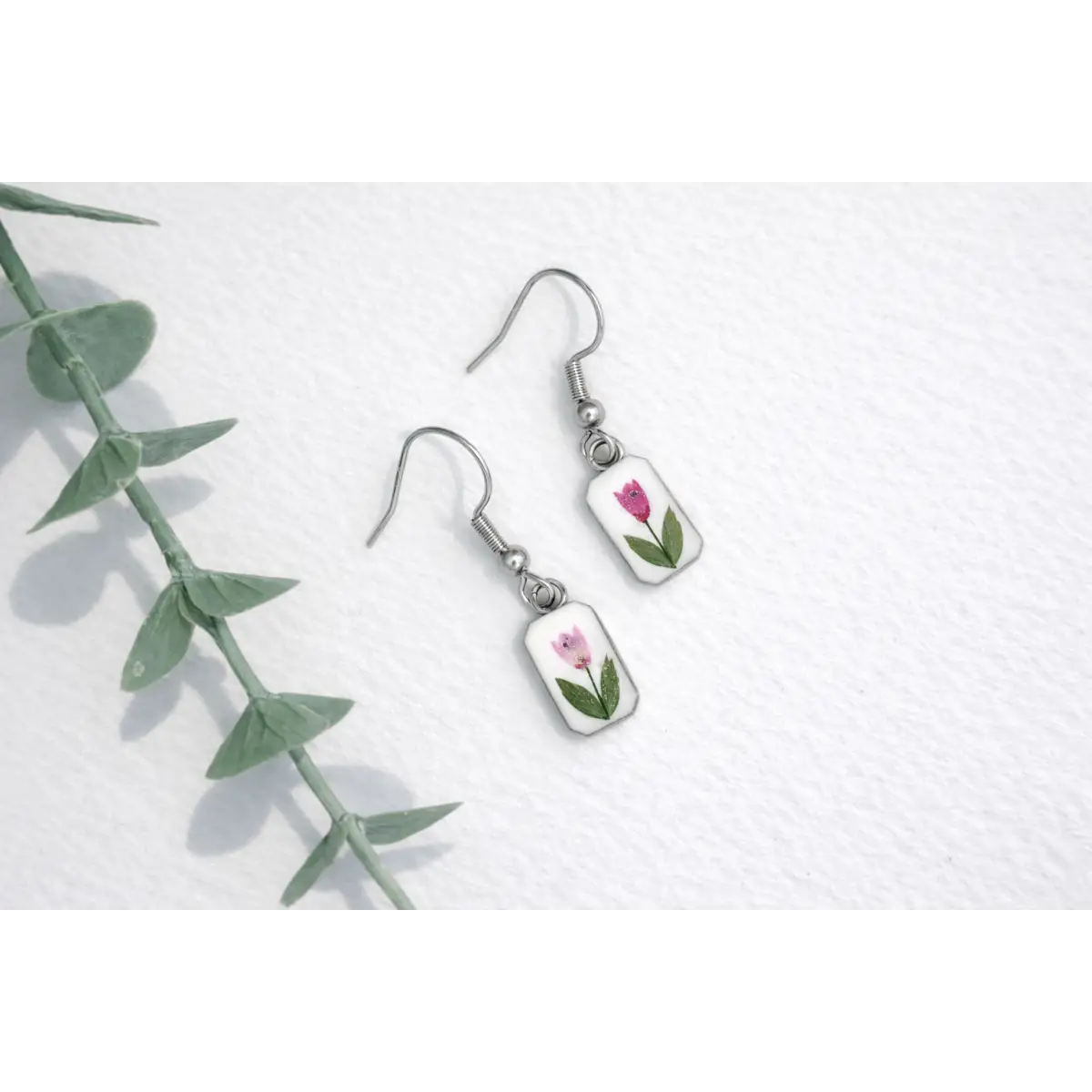 Pressed Flower Earrings - Tiny Rectangles with Pink Flowers - White - My Beverly Jewelry