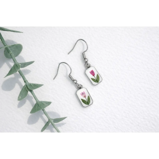 Pressed Flower Earrings - Tiny Rectangles with Pink Flowers - White - My Beverly Jewelry