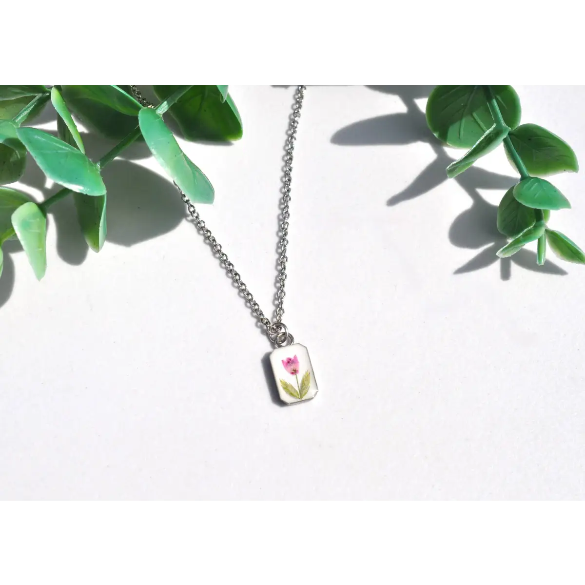 Pressed Flower Necklace - Tiny Rectangle with Pink Heather - White - My Beverly Jewelry