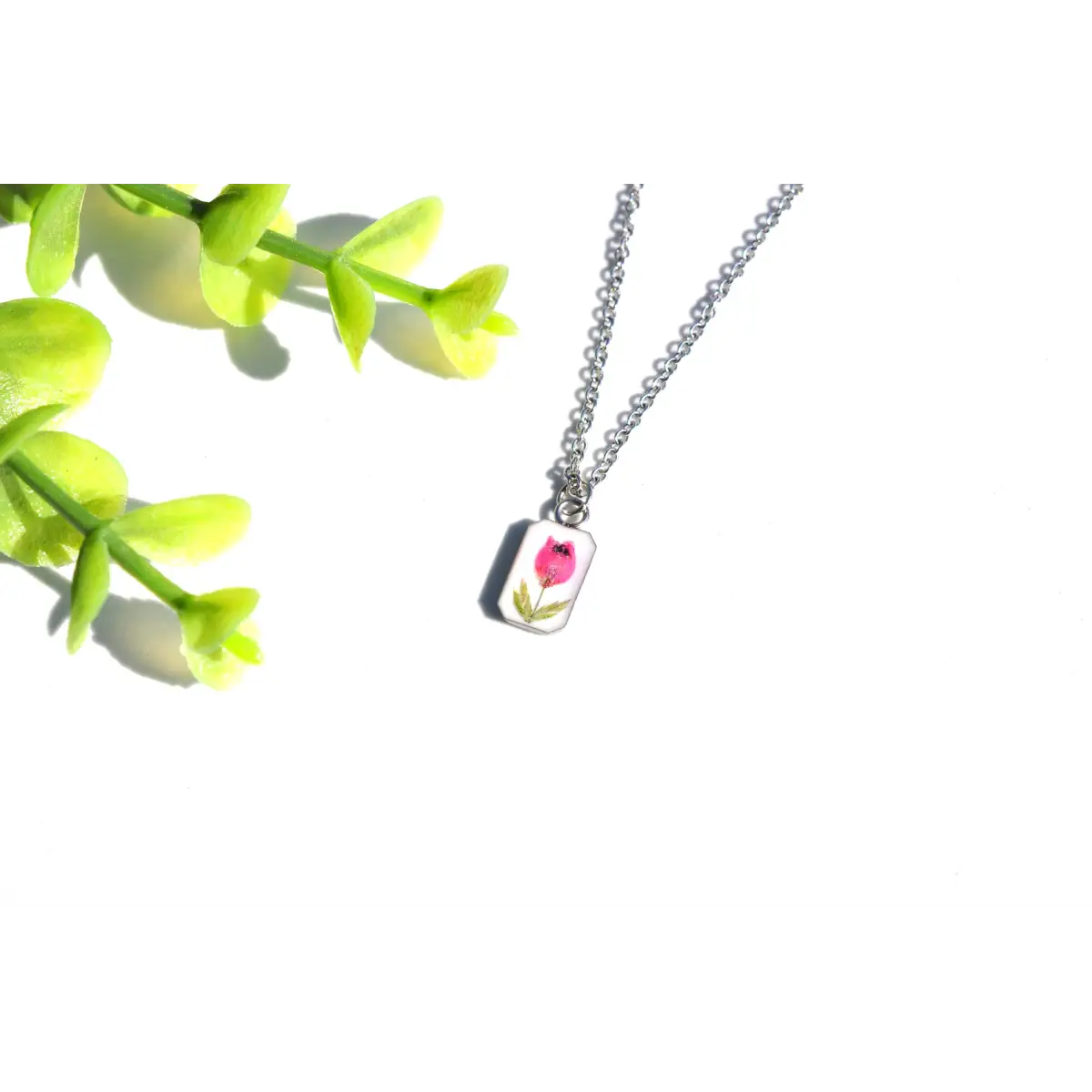 Pressed Flower Necklace - Tiny Rectangle with Pink Heather - White - My Beverly Jewelry