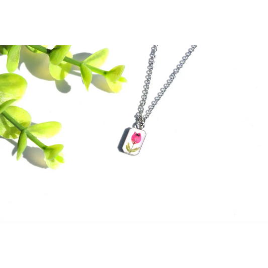 Pressed Flower Necklace - Tiny Rectangle with Pink Heather - White - My Beverly Jewelry