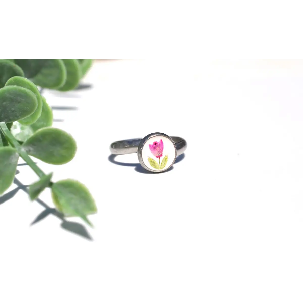Pressed Flower Adjustable Ring - Tiny Heather Flower - White - My Beverly Jewelry