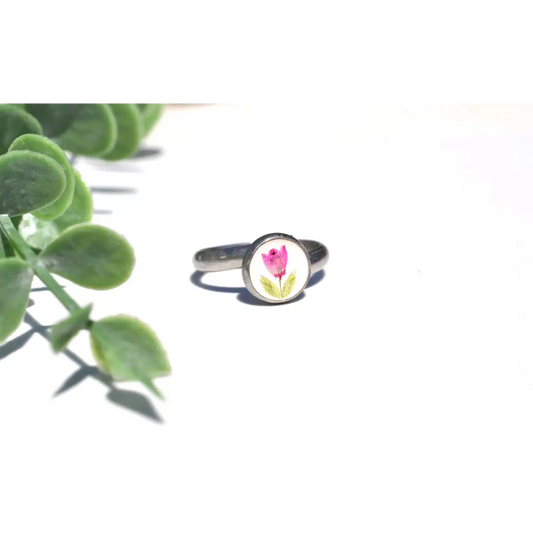 Pressed Flower Adjustable Ring - Tiny Heather Flower - White - My Beverly Jewelry