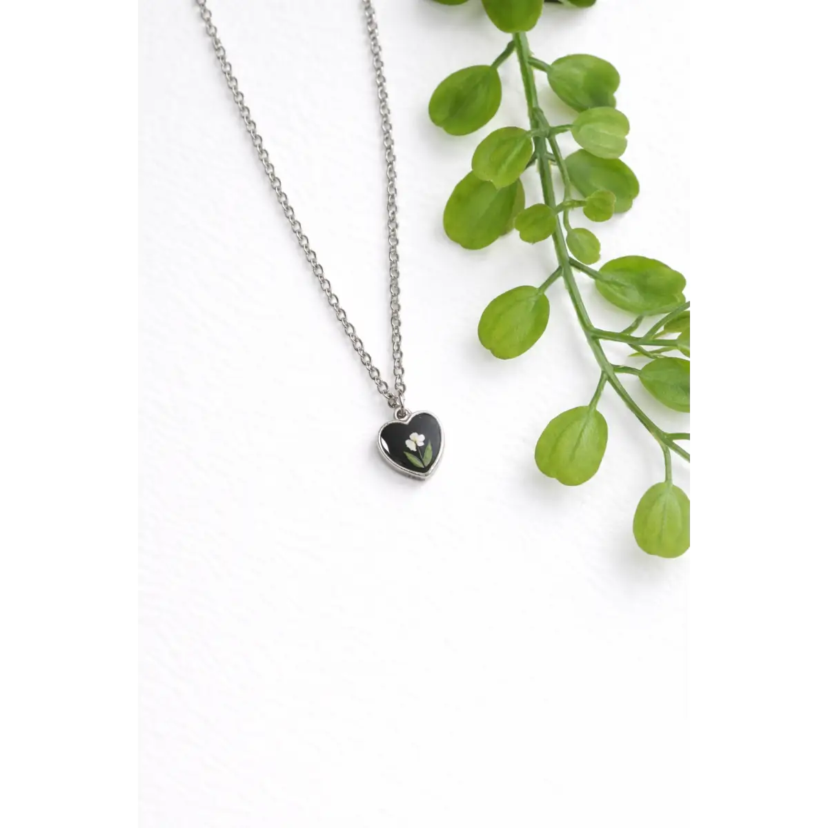 Silver Heart Necklace - Tiny Pressed Flower - Black - My Beverly Jewelry
