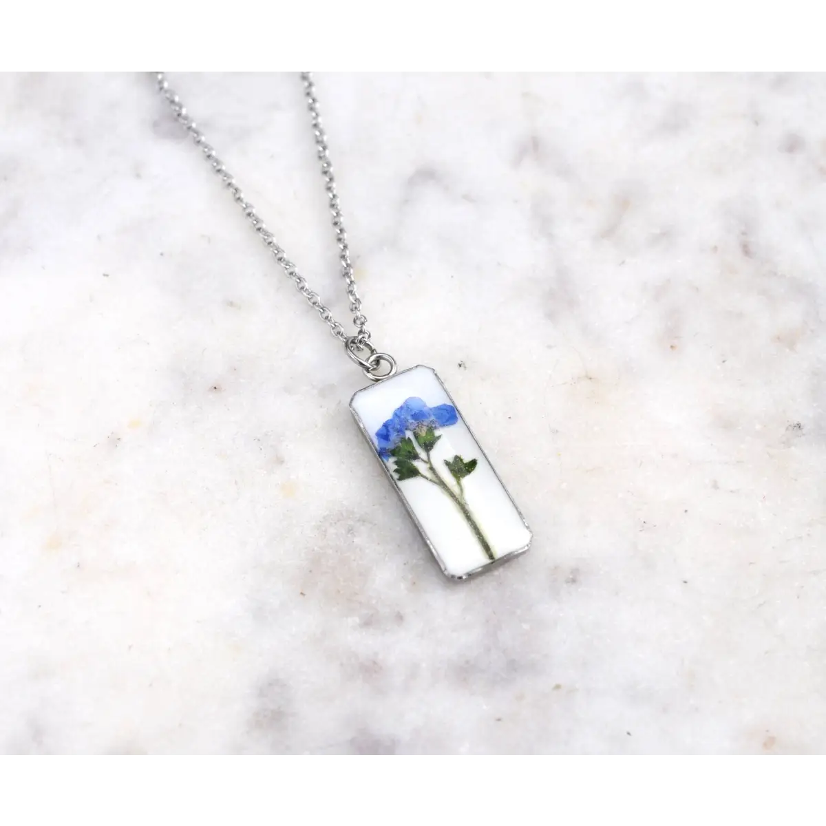 Pressed Flower Bar Pendant Necklace - Forget - White - My Beverly Jewelry
