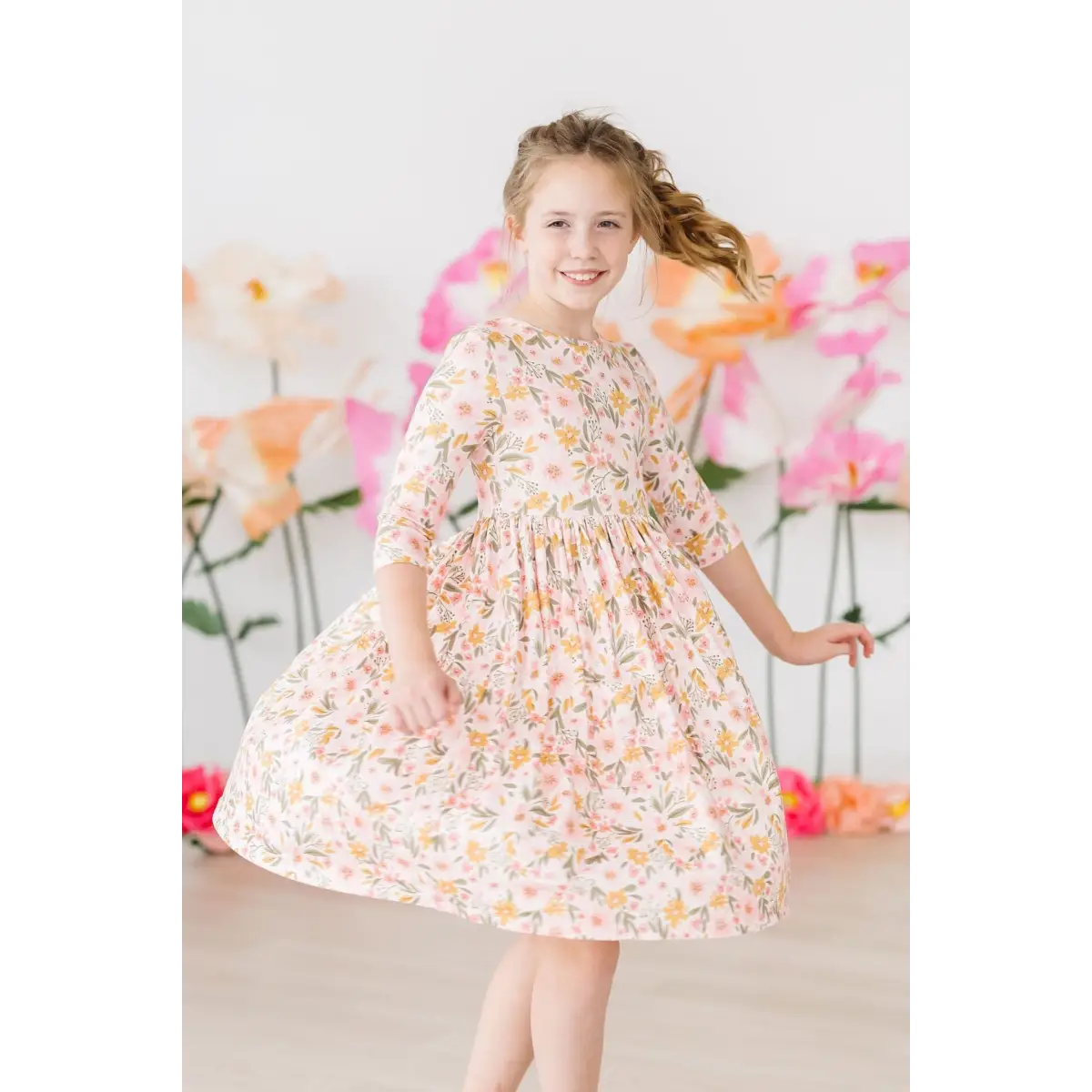 Pocket Twirl Dress - Pretty Peachy 3/4 Sleeve - Mila & Rose ®