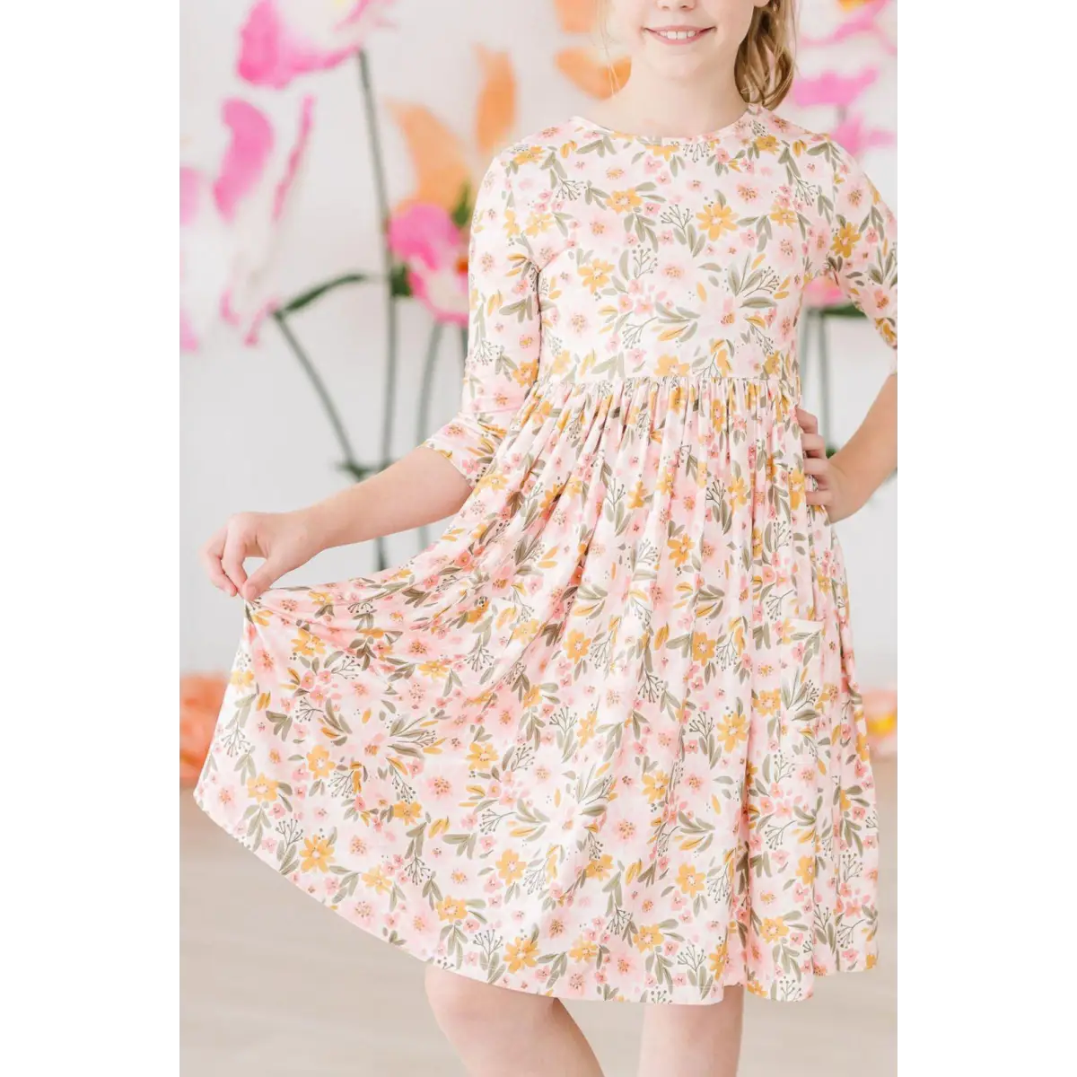 Pocket Twirl Dress - Pretty Peachy 3/4 Sleeve - Mila & Rose ®