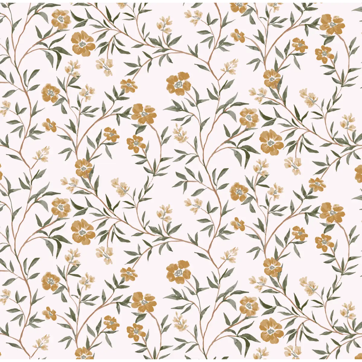 Prim Wallpaper - Yellow Floral Vines - by Lisee Ree Designs - Sample 1 foot by 1 foot - Loomwell Home Goods