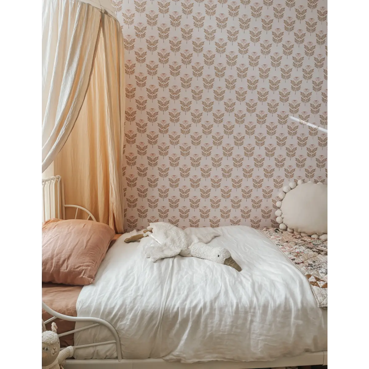 Prue Wallpaper - Pink Green Traditional Flower Block Print - Loomwell Home Goods