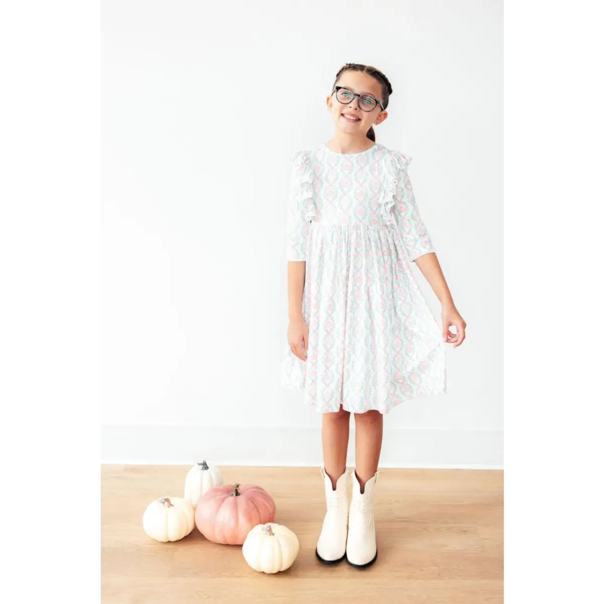 Pumpkin Kisses Harvest Wishes 3/4 Sleeve Ruffle Twirl Dress - Mila & Rose ®