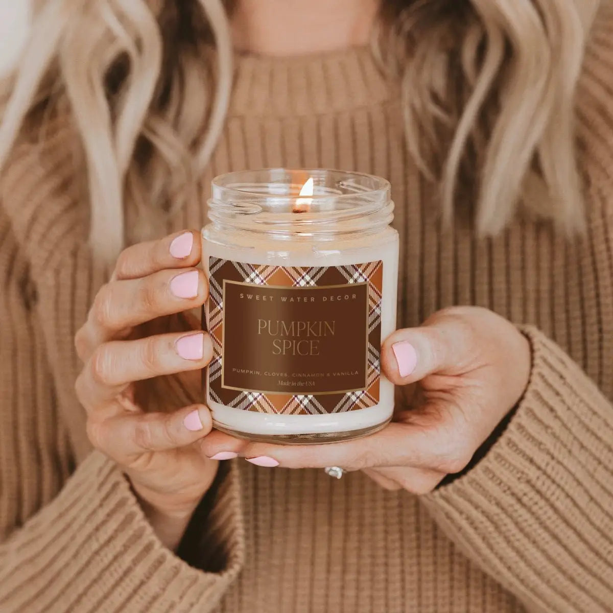 Pumpkin Spice Soy Candle - Patterned 9 oz - Clear Jar - Sweet Water Decor