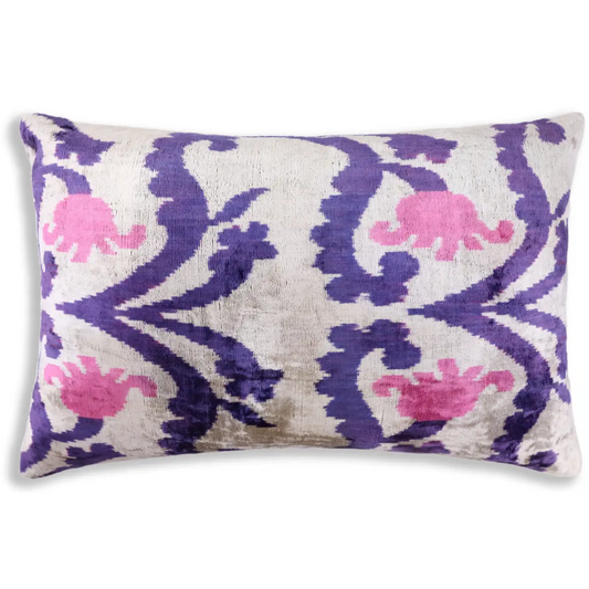 Purple & Pink Silk Velvet Ikat Lumbar Pillow 16x24 – Handmade - Canvello