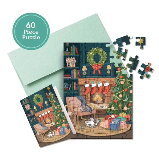 Christmas Puzzle Greeting Card - Cozy Fireplace - Inklings Paperie