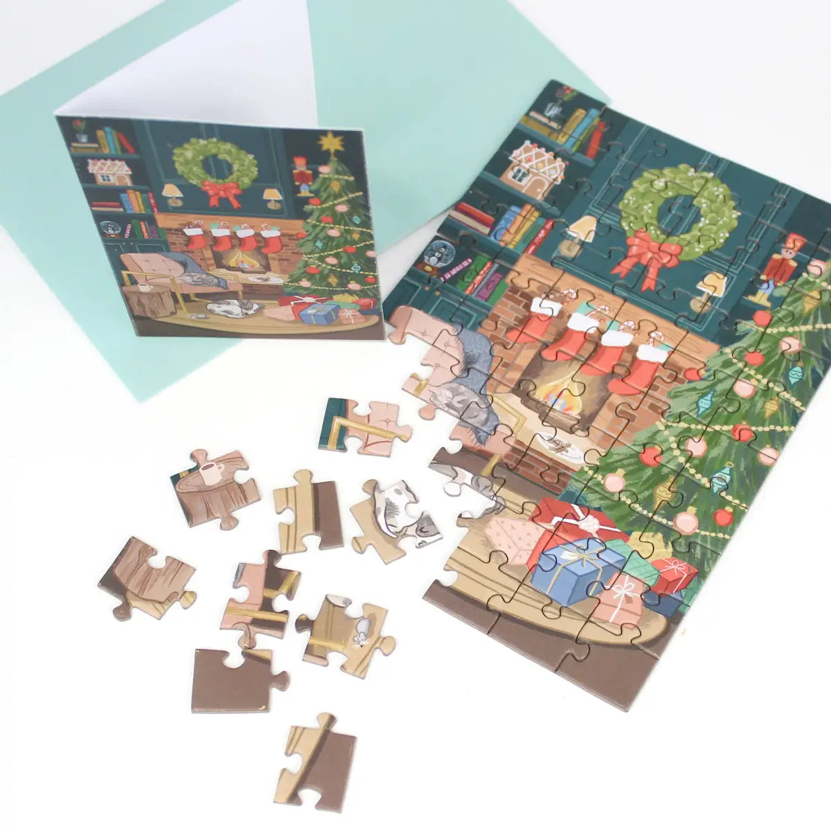 Christmas Puzzle Greeting Card - Cozy Fireplace - Inklings Paperie