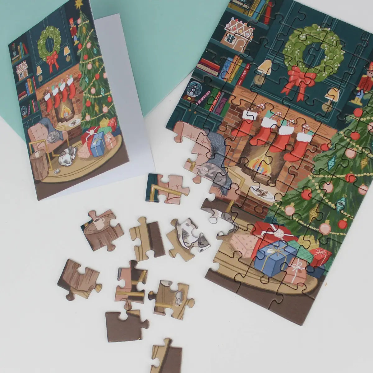 Christmas Puzzle Greeting Card - Cozy Fireplace - Inklings Paperie