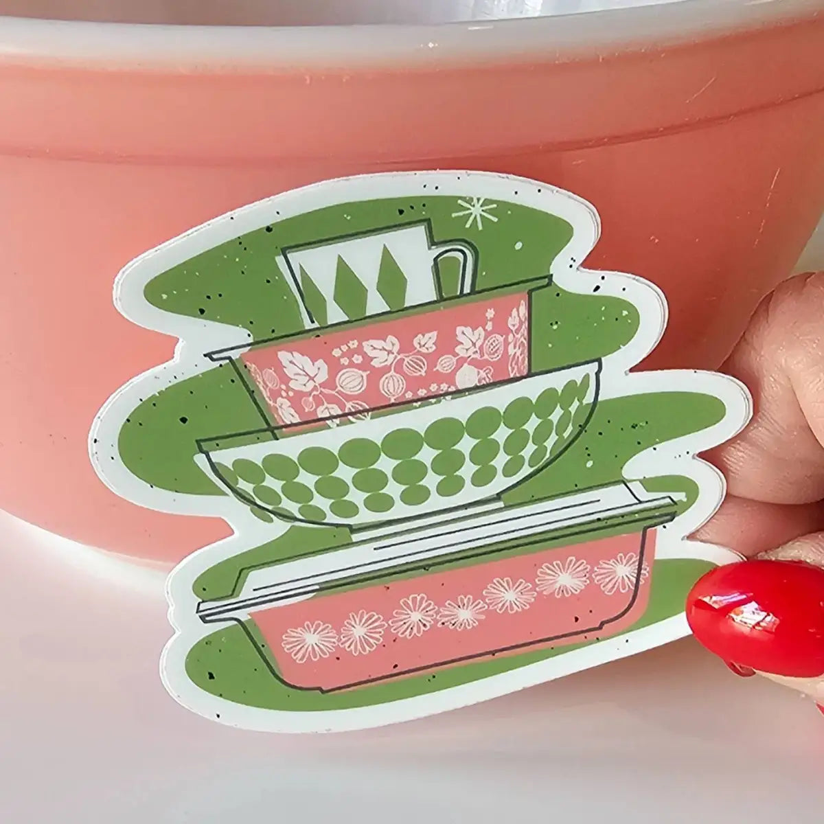 Pyrex Sticker - Pink Daisy Bowl Stack - JoRetro