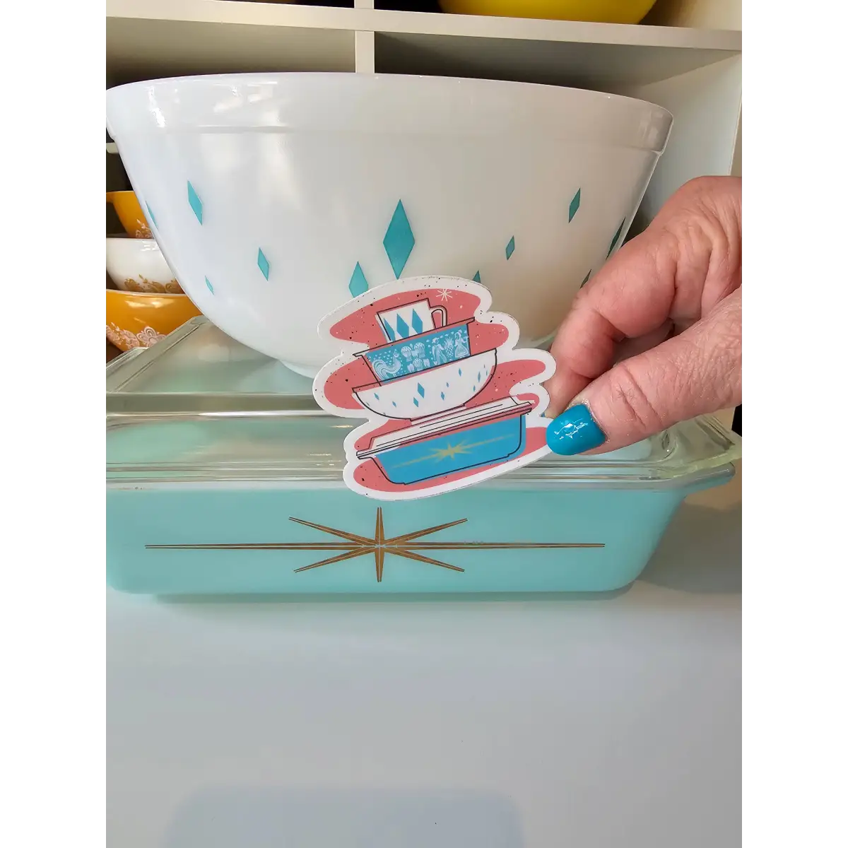 Pyrex Sticker - Turquoise Starburst Bowl Stack - JoRetro