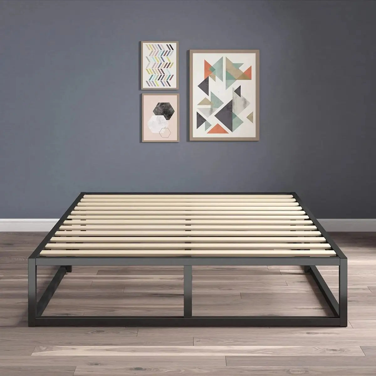 Queen size 10-inch Low Profile Modern Metal Wood Slat Platform Bed Frame - HomePacific