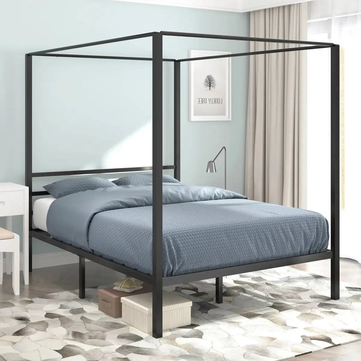 Queen size Modern Four Poster Metal Canopy Bed in Black Finish - HomePacific