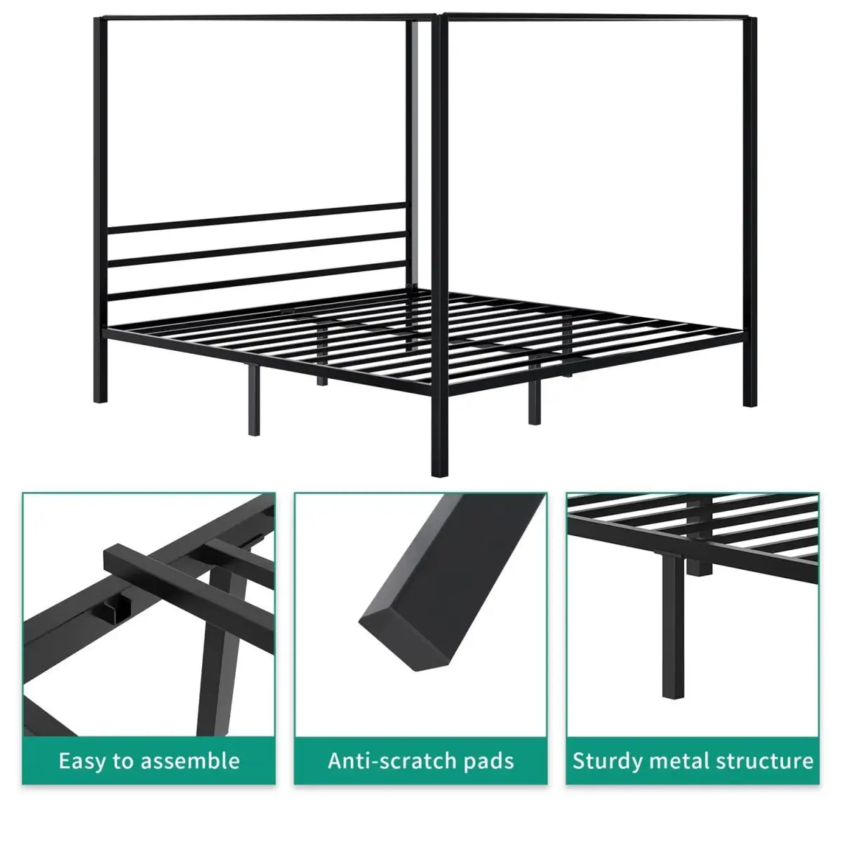 Queen size Modern Four Poster Metal Canopy Bed in Black Finish - HomePacific