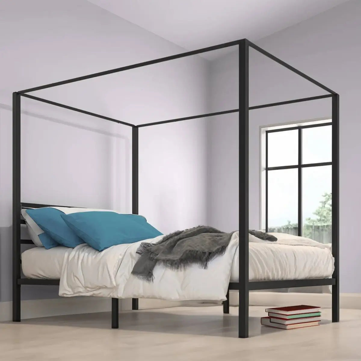 Queen size Modern Four Poster Metal Canopy Bed in Black Finish - HomePacific