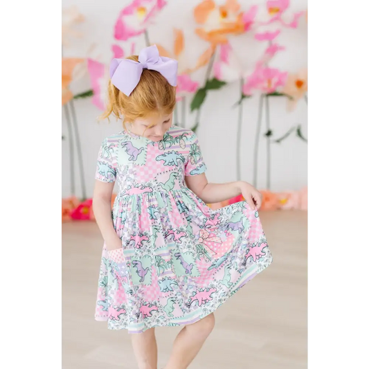 Quilted Dinos S/S Pocket Twirl Dress - Mila & Rose ®