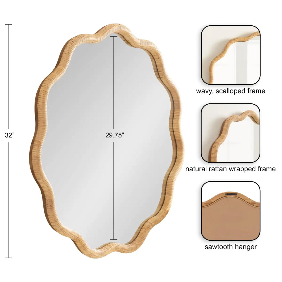 Rahfy Scallop Edge Rattan Wall Mirror - kateandlaurel